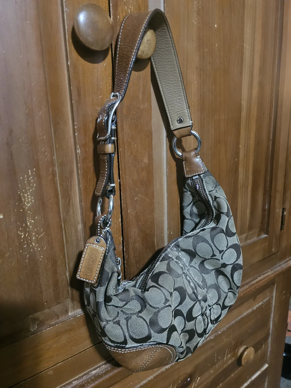 Coach Hampton Hobo  Brown Leather Tag Hobo with Dark Monogram Fabric